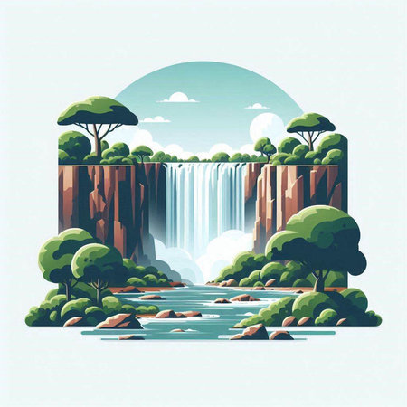 Waterfall in the forest. Landscape with a waterfall. Vector illustration.のイラスト素材