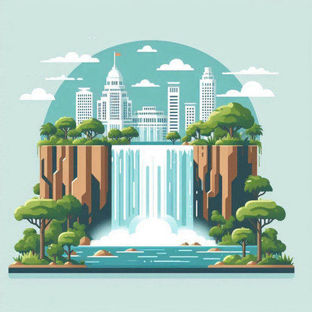 Skyscrapers on the background of a waterfall. Vector illustrationのイラスト素材