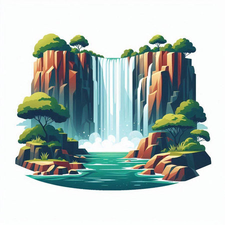 Waterfall in the forest. Waterfall in the mountains. Vector illustration.のイラスト素材