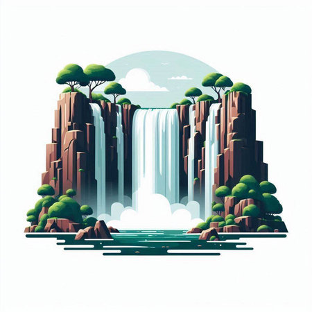 Waterfall in the forest. Landscape with waterfalls. Vector illustrationのイラスト素材