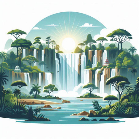 Waterfall in the tropics. Waterfall landscape. Vector illustration.のイラスト素材