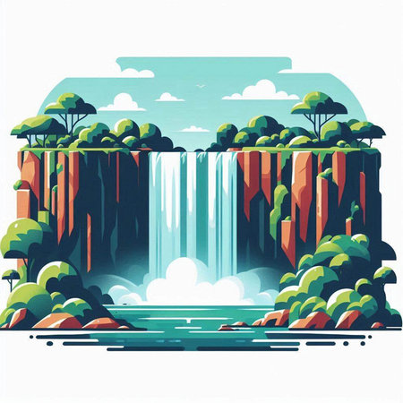 Waterfall on the river. Waterfall on the mountain. Vector illustrationのイラスト素材