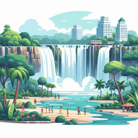 Landscape with waterfall and people. Vector illustration in cartoon style.のイラスト素材