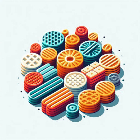 Colorful 3d isometric geometrical composition with circles and squaresのイラスト素材