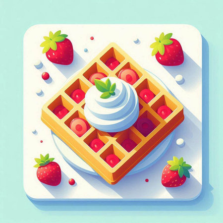 Belgian waffles with whipped cream and strawberries. Vector illustration.のイラスト素材