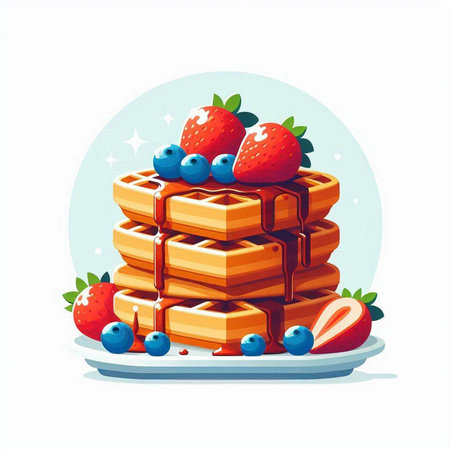 Waffles with strawberries and blueberries on a plate. Vector illustration.のイラスト素材