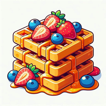 Vector illustration of a waffle with strawberries, blueberries and bananasのイラスト素材