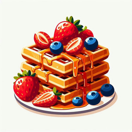 Vector illustration of a waffle with strawberries, blueberries and honeyのイラスト素材