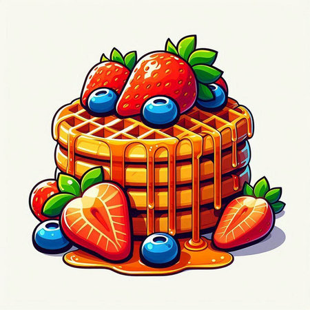 Vector illustration of a waffle with strawberries, blueberries and chocolateのイラスト素材