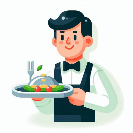Vector illustration of a waiter serving food in a restaurant or cafe.のイラスト素材