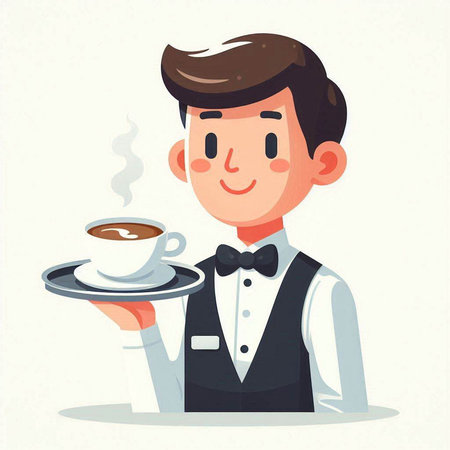 Waiter serving a cup of coffee. Vector illustration in cartoon style.のイラスト素材