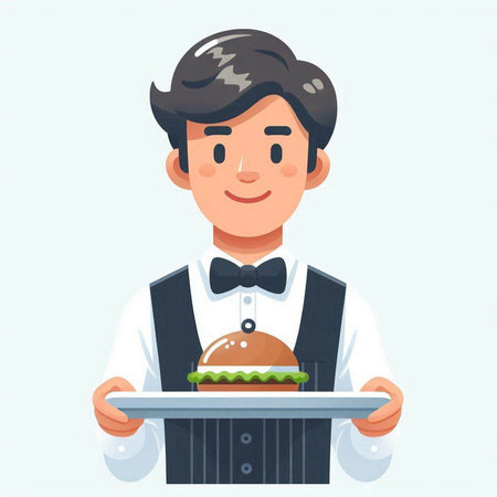 Cartoon vector illustration of a waiter holding a tray with a hamburgerのイラスト素材
