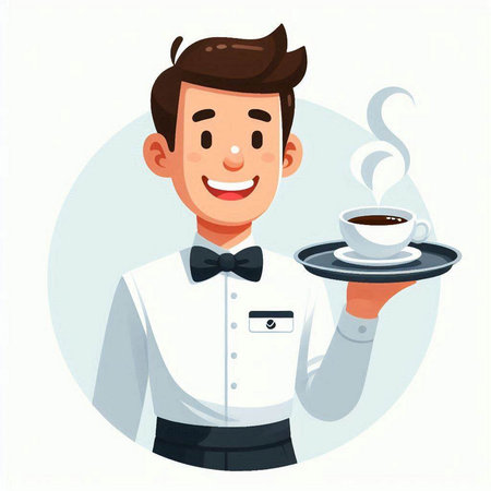 Vector illustration of a waiter holding a tray with a cup of coffeeのイラスト素材