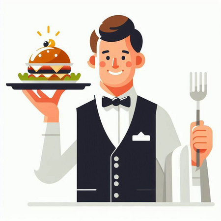Vector illustration of a waiter holding a tray with a hamburger.のイラスト素材