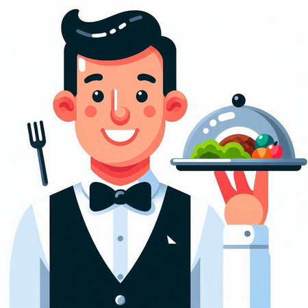 Waiter holding a tray with food. Vector illustration in cartoon styleのイラスト素材