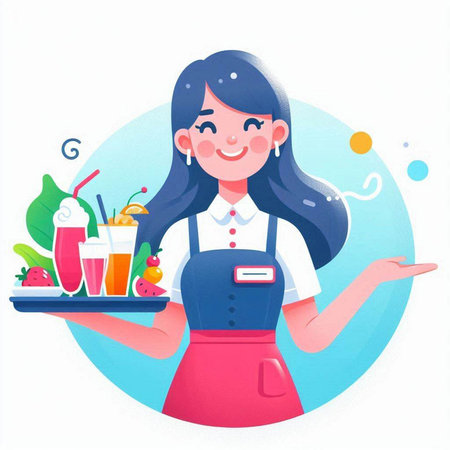 Smiling waitress holding a tray with fresh fruit and vegetable, vector illustrationのイラスト素材