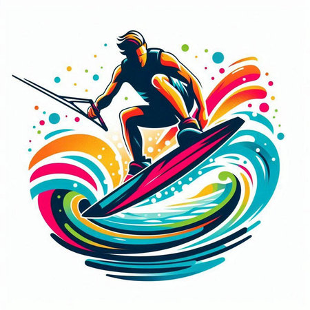 surfer on the waves, vector illustration, emblem, design elementのイラスト素材