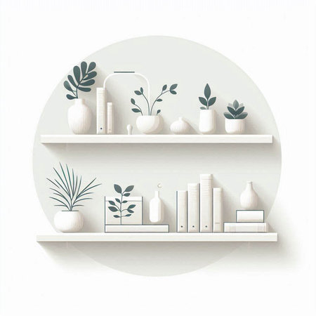 White bookshelf with plants and accessories. Interior design. Vector illustration.のイラスト素材