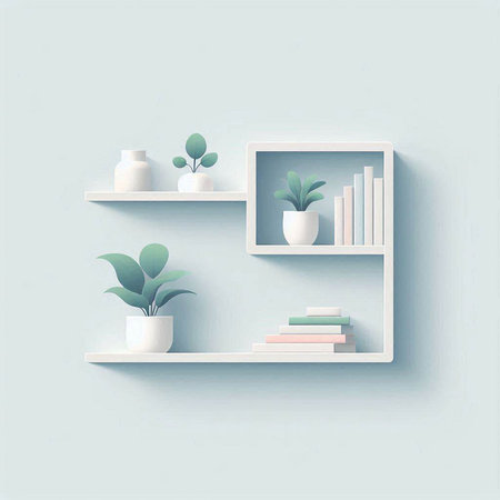 Bookshelf with plants on blue wall background. Vector illustration.のイラスト素材
