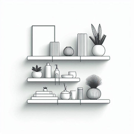 Illustration of bookshelves with decorative objects. Vector illustration.のイラスト素材