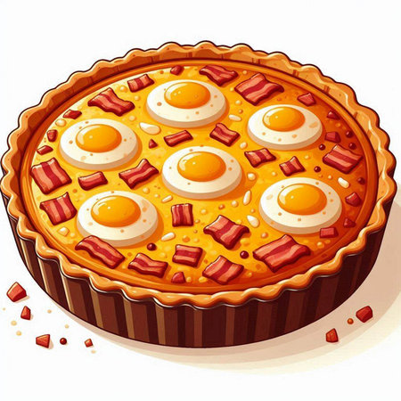 Illustration of a pie with eggs and bacon on a white backgroundのイラスト素材