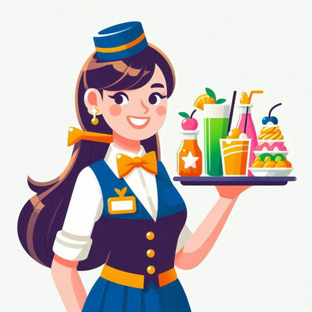 Air hostess holding tray with food and drinks. Vector illustration.のイラスト素材