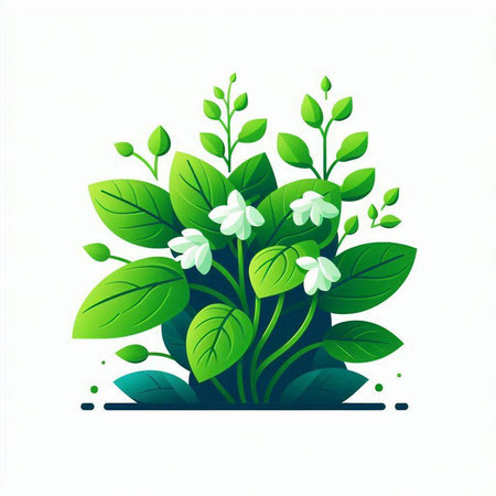 Green leaves and flowers on a white background. Vector illustration for your design.のイラスト素材