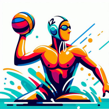 Water polo player with a ball in his hand. Vector illustration.のイラスト素材