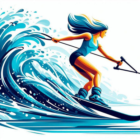 Vector illustration of a young woman skier on a surfboard.のイラスト素材