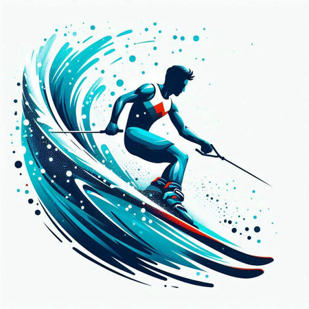 Vector illustration of a skier with a surfboard on a wave.のイラスト素材