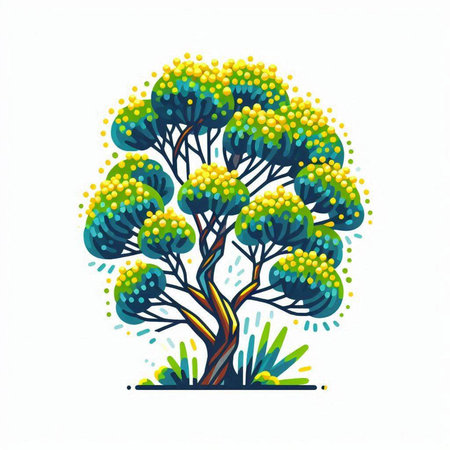 Illustration of a stylized tree with yellow flowers on a white backgroundのイラスト素材