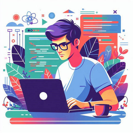 Young man working on laptop at home. Freelance concept. Vector illustrationのイラスト素材