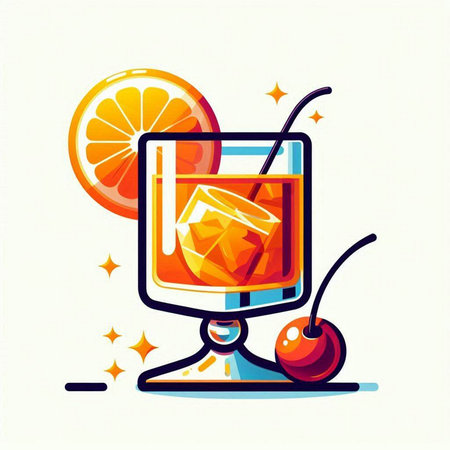 Cocktail with orange, cherry and ice. Vector illustration.のイラスト素材