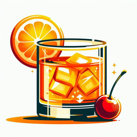 Cocktail with ice, cherry and orange. Vector illustration.のイラスト素材
