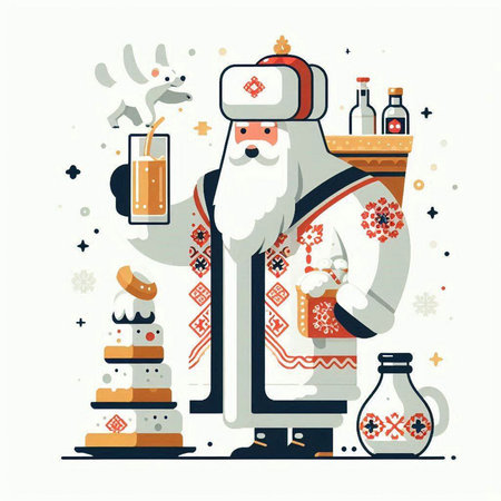 Russian Magician in a hat with a bottle of wine. Vector illustration.のイラスト素材