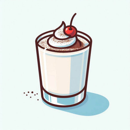 Milkshake with whipped cream and cherry on top. Vector illustration.のイラスト素材