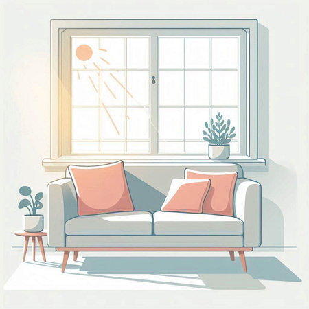 Living room interior with a sofa and a window. Vector illustration.のイラスト素材