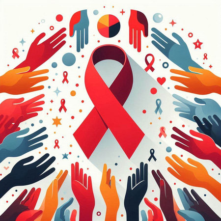 World AIDS Day background with red ribbon and hands. Vector illustration.のイラスト素材
