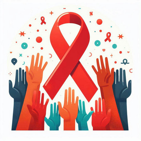 Vector illustration of red ribbon and hands. World AIDS Day concept.のイラスト素材