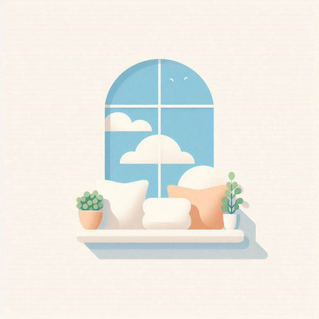 Illustration of a window with clouds and plants. Vector illustration.のイラスト素材