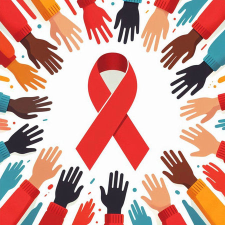 World Aids Day background with red ribbon and hands. Vector illustration.のイラスト素材