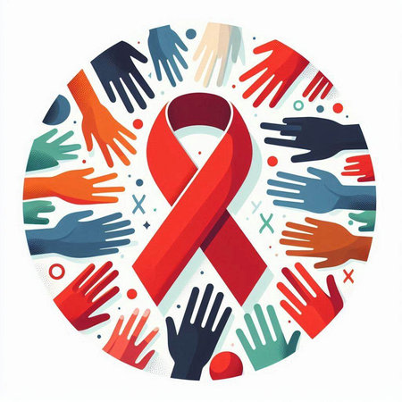 World Aids Day concept with red ribbon and hands. Vector illustration.のイラスト素材