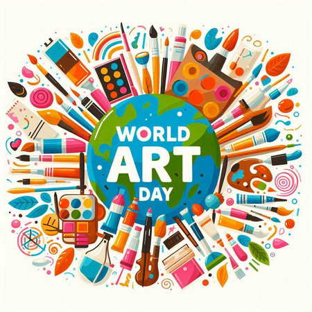 World Art Day background with hand drawn elements. Vector Illustration.のイラスト素材