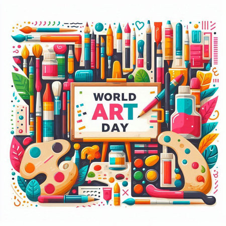 World Art Day banner with art supplies. Vector illustration in flat styleのイラスト素材