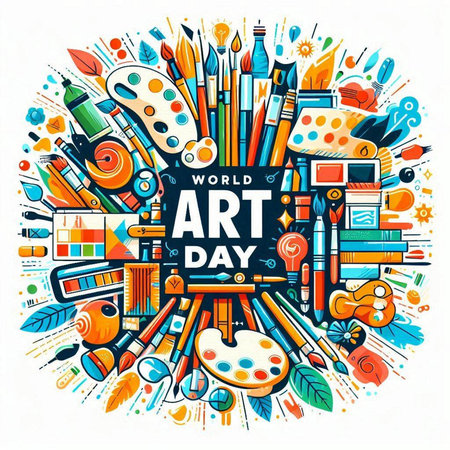 Vector illustration of World Art Day background with art supplies. Hand drawn artistic objects.のイラスト素材