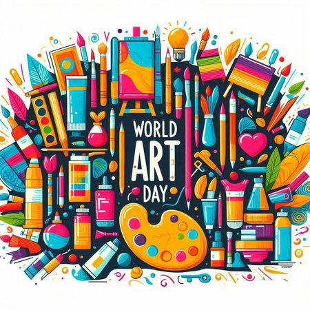World Art Day poster with art supplies. Vector illustration in cartoon styleのイラスト素材