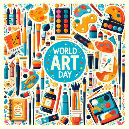 World Art Day poster with hand drawn art supplies. Vector illustration.のイラスト素材