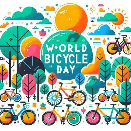 World Bicycle Day banner with bicycle, trees and clouds. Vector illustration.のイラスト素材