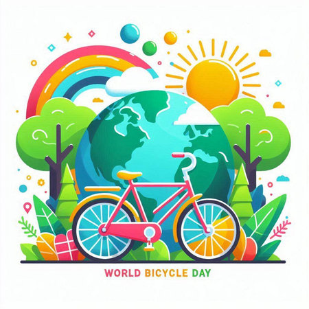 World Bicycle Day concept with bicycle and globe. Vector flat illustration.のイラスト素材