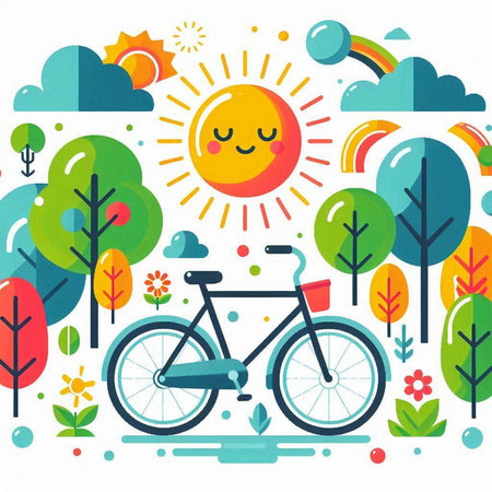 Vector illustration of a bicycle on the background of the summer landscape.のイラスト素材